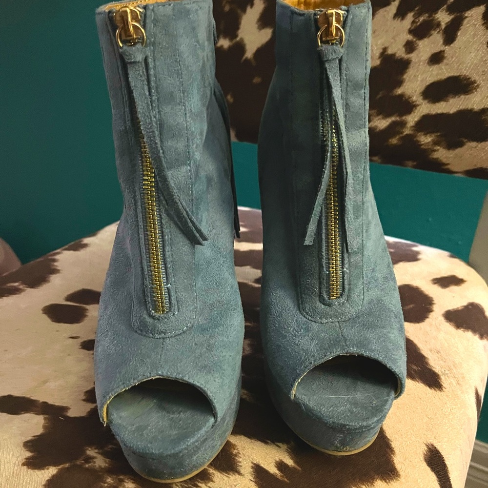 Suade powder blue bootie heels